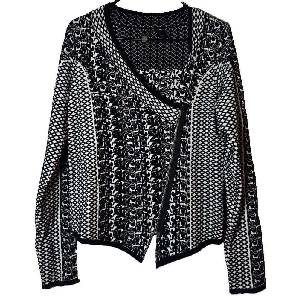 BKE Boutique Womens M Black White Geometric Knit Moto Jacket Asym Zip Cotton